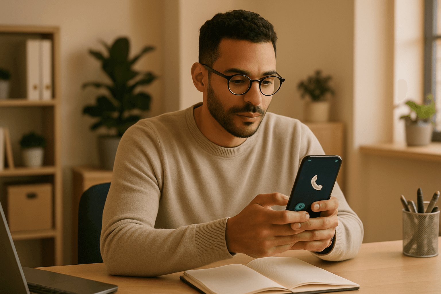 Small business owner reviewing AI receptionist call notifications on smartphone at office desk