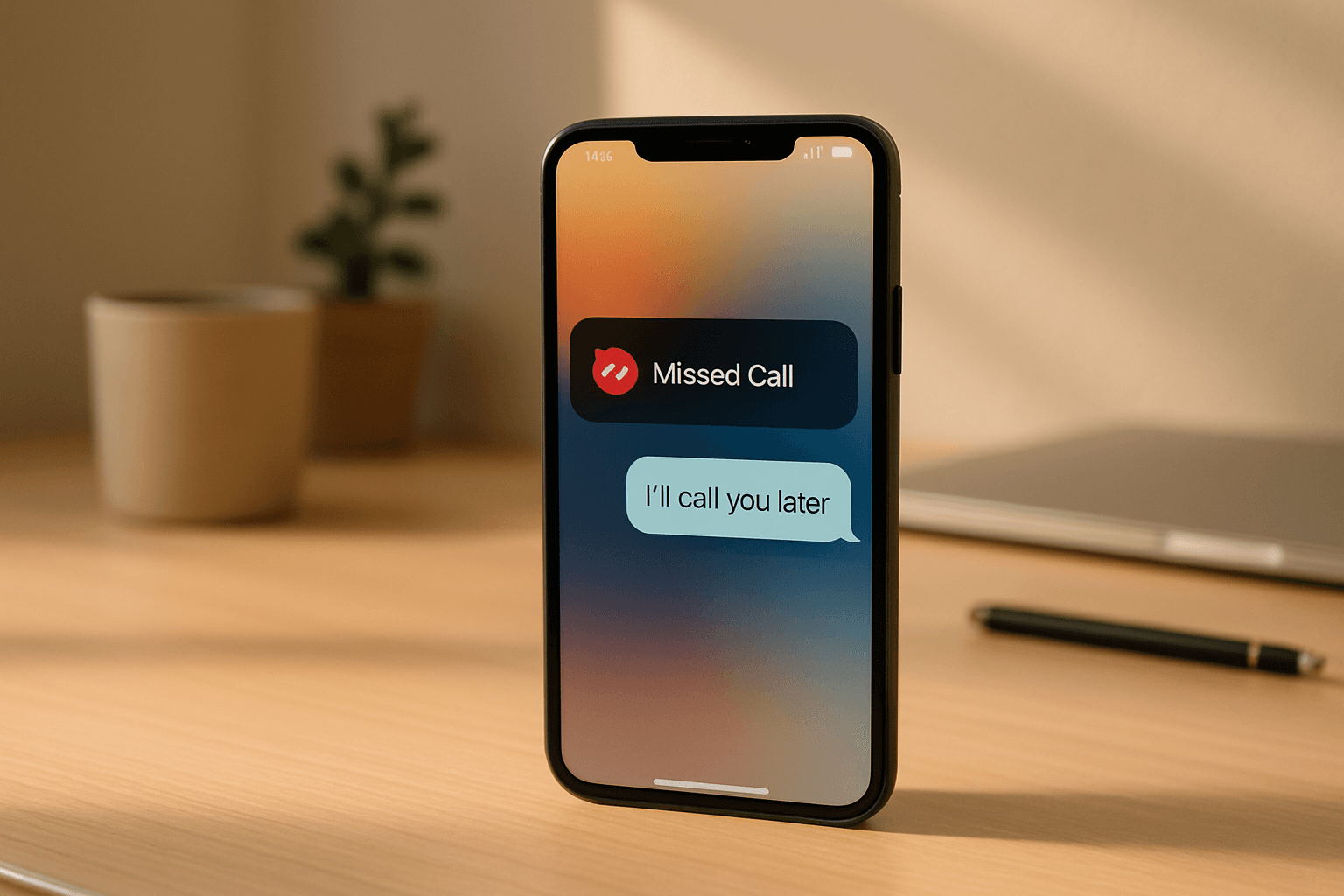 smartphone displaying a missed call notification with an automatic SMS reply — automated missed call follow-up workflow for small business